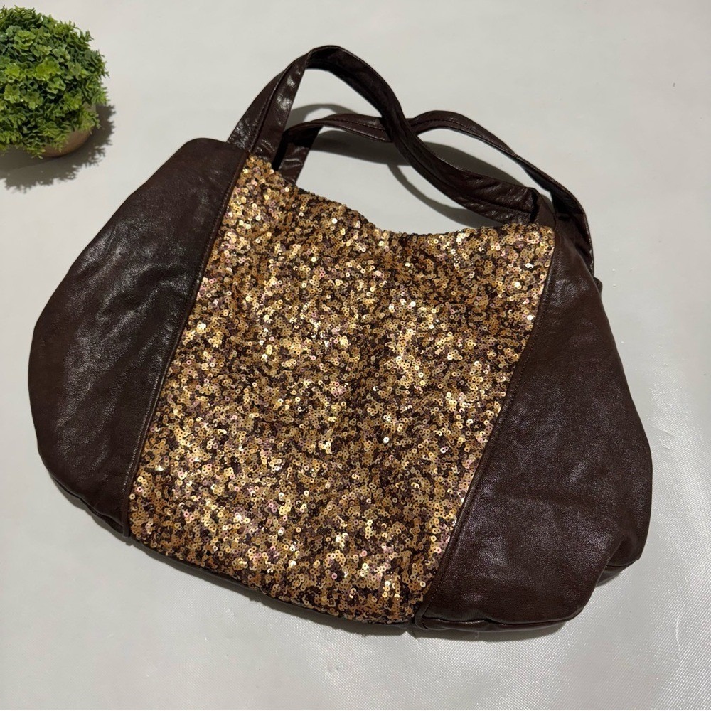Banana Republic Vtg Y2K Brown Leather Hobo Shoulder Bag Purse Gold Sequin Fall